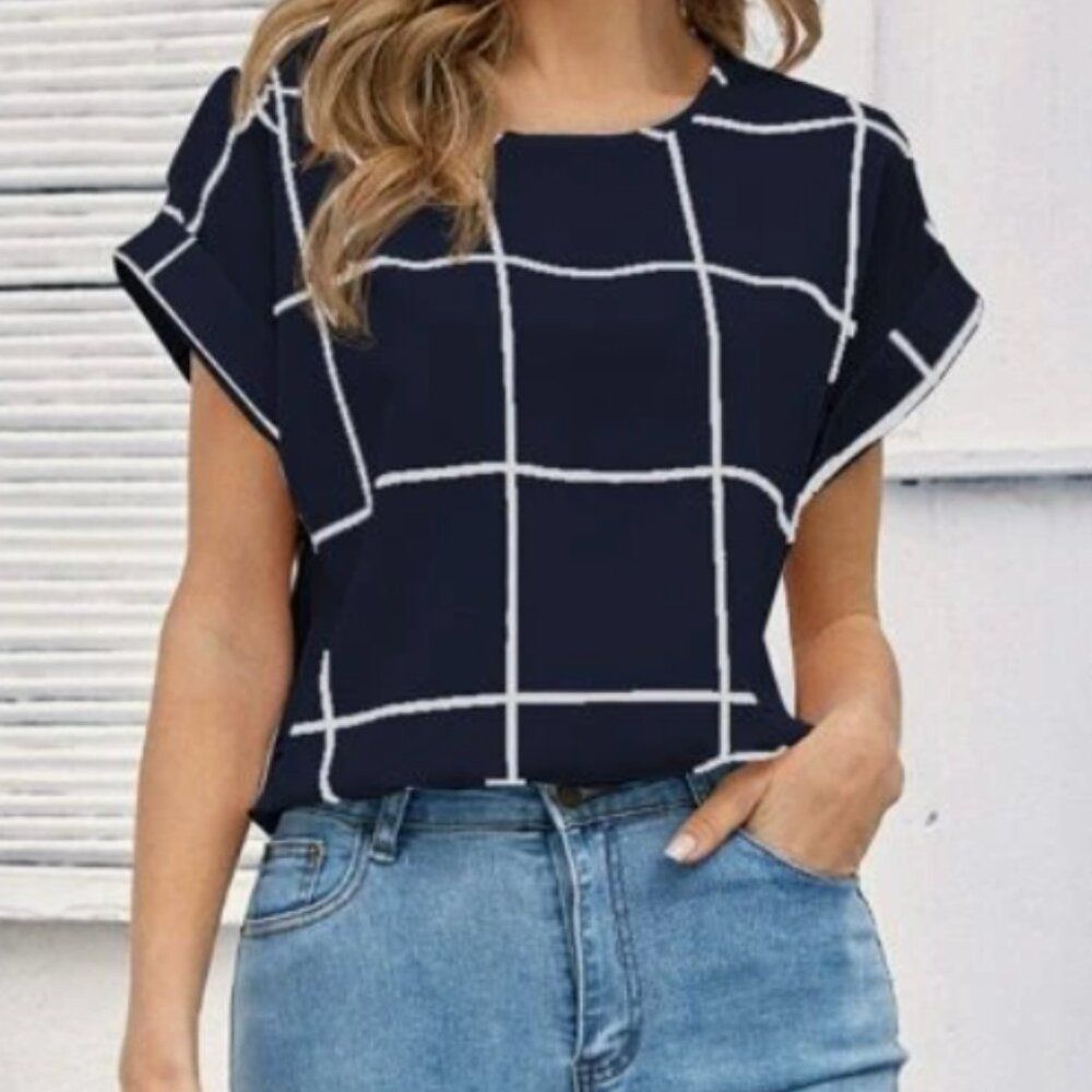 Plaid Pattern Rolled Cuff Short Sleeve Shirt Navy Blue Blouse Top SIZE LARGE